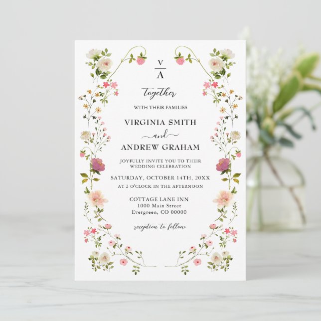 Elegante farbige Wildblume Hochzeitmonogramm Einladung (Stehend Vorderseite)