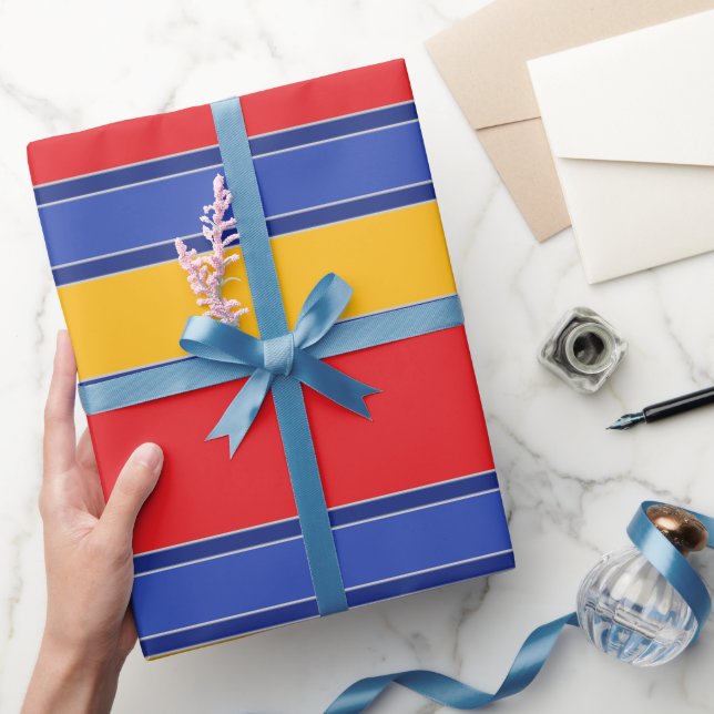 Elegante Farbstreifen, Rot-Blau-Gelb und Silber Geschenkpapier (Schenken)