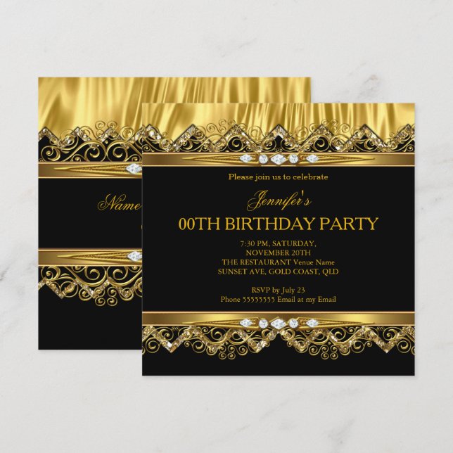Elégante Faux Gold Silk Black Diamond Invitation (Devant / Derrière)