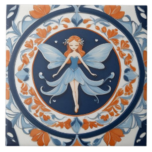 Elegante Fee Blau & Orange Blumen Fliese