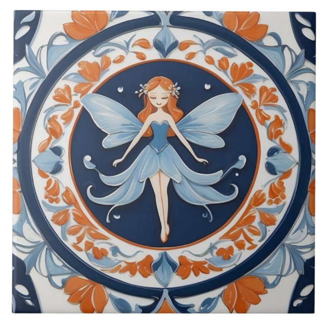 Elegante Fee Blau & Orange Blumen Fliese (Vorderseite)