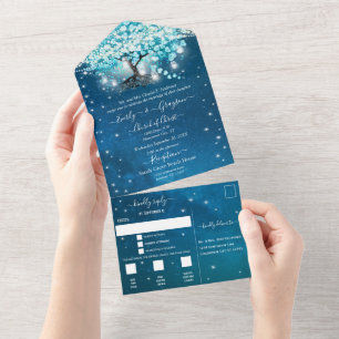 Elegante Feenlichter Blaue Herzblatt Baum Hochzeit All In One Einladung