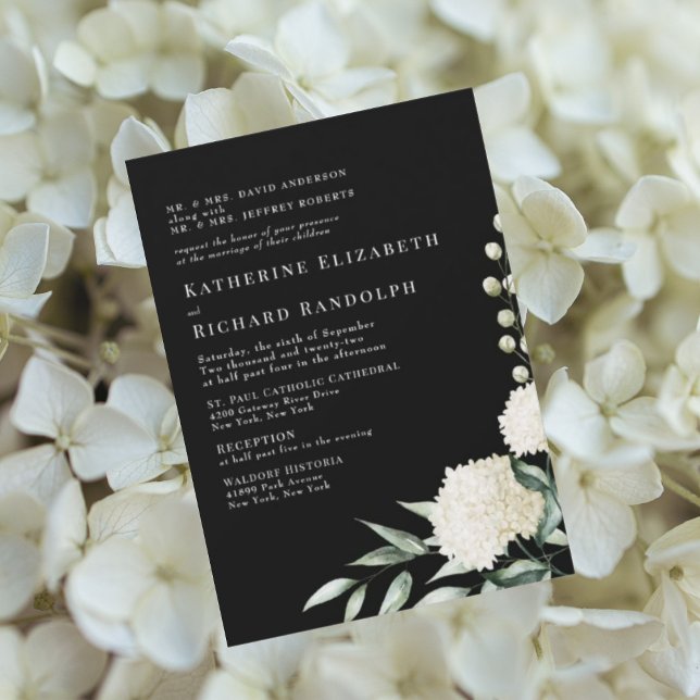 Elegante feierliche Schwarz-Weiß-Blütenhochzeit Einladung (Von Creator hochgeladen)