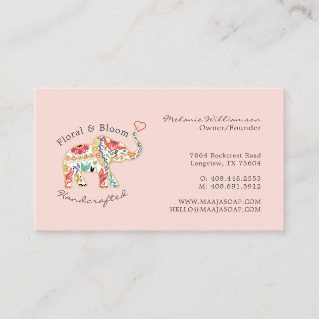 Elegante Feminine Blumendekoration Verziert Elefan Visitenkarte (Vorderseite)