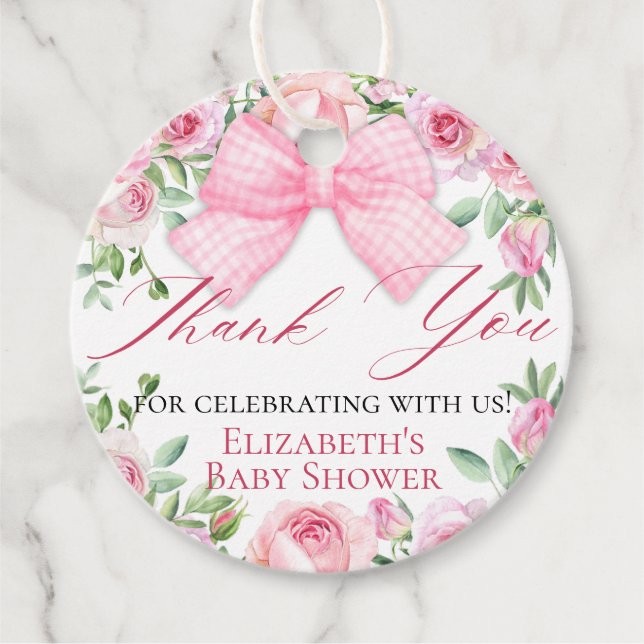 Elegante Feminine Pink Bow und Rose Danke Geschenkanhänger (Vorderseite)