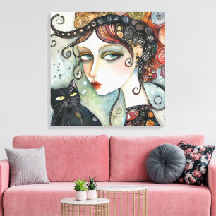 Élégante Femme et chat toile étirée Impression