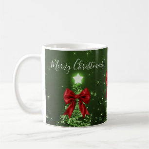 Elegante Ferien Grüne Weihnachtsbäume Rote Schleif Kaffeetasse