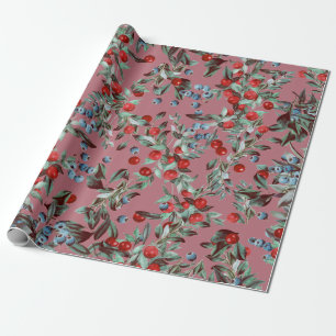 Elegante Festivals Rote Berries Rose Gold Geschenkpapier