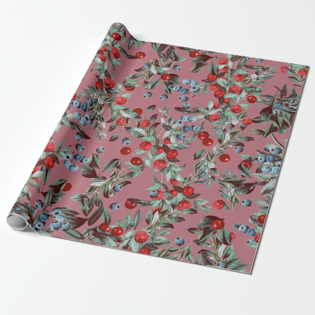 Elegante Festivals Rote Berries Rose Gold Geschenkpapier (Ungerollt)
