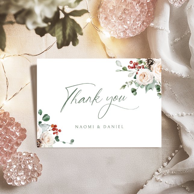 Elegante festliche florale Winterhochzeit  Dankeskarte (Elegant Festive Floral Holiday Winter Wedding Thank You Card)