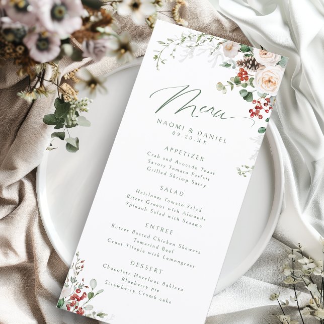 Elegante Festliche Florale Winterhochzeit Menükarte (Elegant Festive Floral Holiday Winter Wedding Menu)