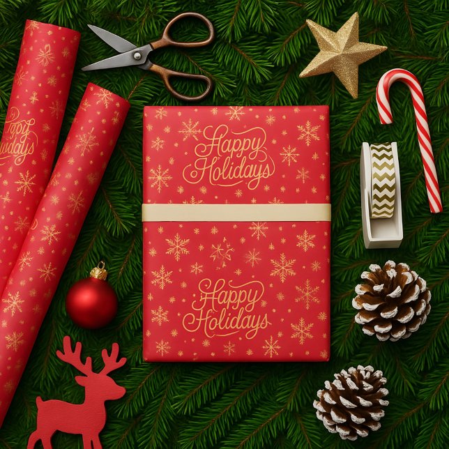 Elegante festliche Rot und Gold Frohe Weihnachten Geschenkpapier (Von Creator hochgeladen)