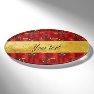 Elegante festliche Stechpalme auf Imitat-Rot-Folie Namenschild