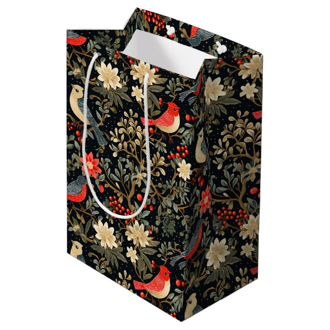 Elegante festliche Vögel & blumengeschmückte Weihn Mittlere Geschenktüte (Rückseite Schrägansicht)