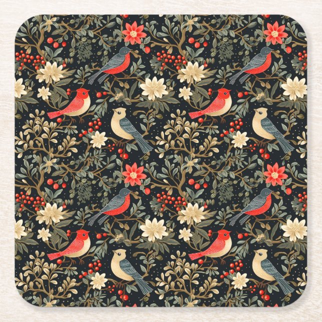 Elegante festliche Vögel & florale Weihnachten Rot Rechteckiger Pappuntersetzer (Vorderseite)