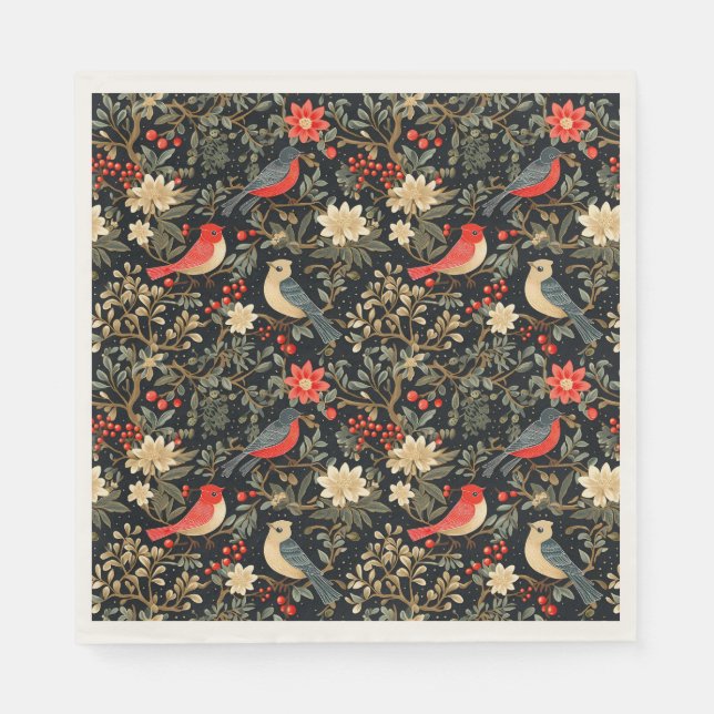 Elegante festliche Vögel & florale Weihnachten Rot Serviette (Vorderseite)