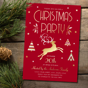 Élégante fête de Noël Deep Red Foil Invitation