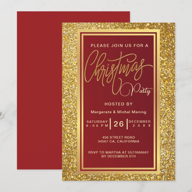 Élégante fête de Noël Sparkle Gold Invitation (Devant / Derrière)