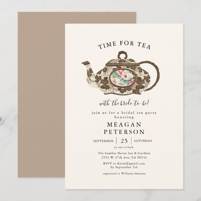 Elégante Fête des mariées Tea Party Invitation (Devant / Derrière)