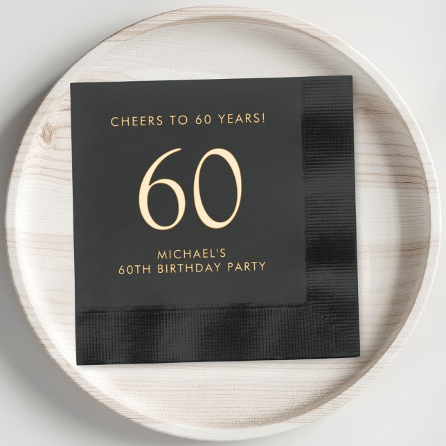 Élégante fête du 60e anniversaire (Elevate his 60th birthday party decor with these classic and elegant black and gold foil napkins)