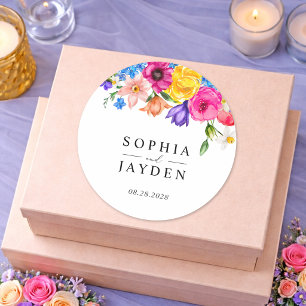 Elegante Fette Farbige Aquarell Blumen Hochzeit Runder Aufkleber