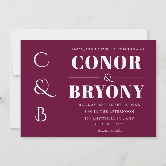 elegante, fette Namen monogram burgundy Hochzeit Einladung (Vorderseite)