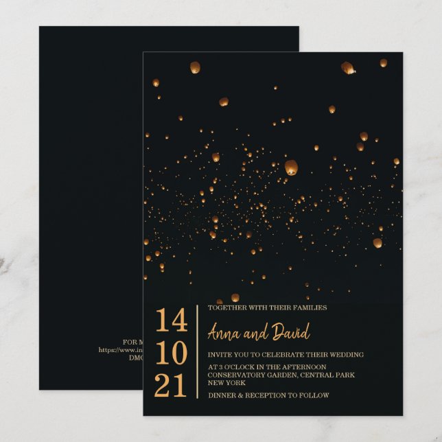 Elegante Fire Sky Lantern Hochzeitseinladung Einladung (Vorne/Hinten)