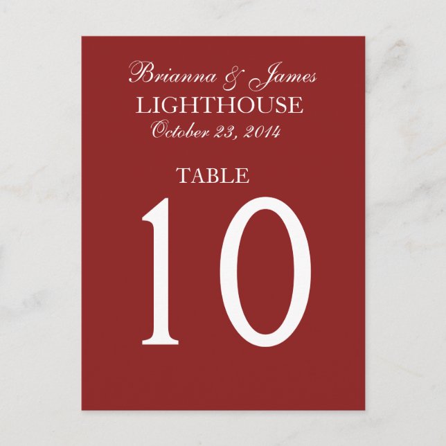 Elegante Firebrick Red Wedding Tischnummer Card (Vorderseite)