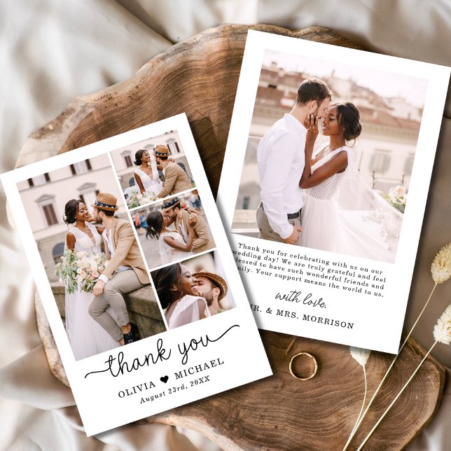 Elegante Five Foto Collage Script Hochzeit Dankeskarte (Von Creator hochgeladen)