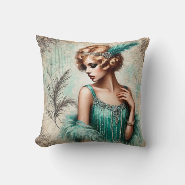 Elegante Flapper Lady in einem Türkiskleid der 20e Kissen (Vorderseite)