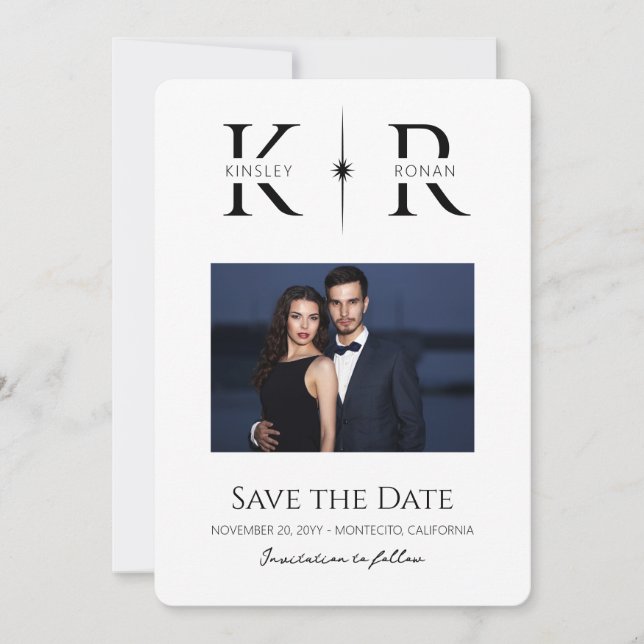 Elegante Flare-Monogramm-Hochzeit 'Save the Date' (Vorderseite)