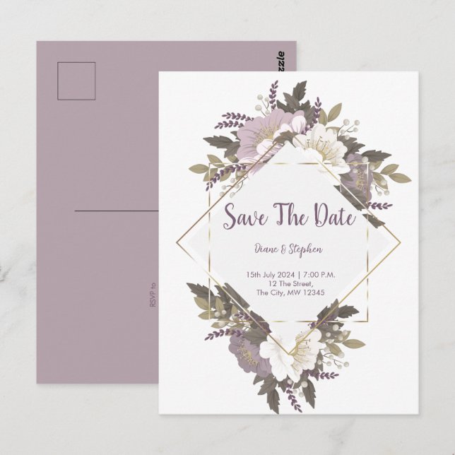 Élégante fleur Lilac enregistrer la date carte pos (Devant / Derrière)