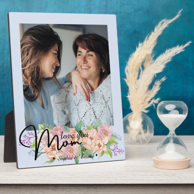 Élégante Fleur Script Love You Mom Photo Plaque (Côté)