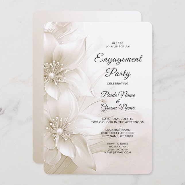 Elégante Fleurs blanches d'ivoire Invitation Fianç (Devant / Derrière)