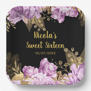 Elegante Flieder- und Goldblumen Sweet Sixteen Pappteller