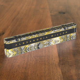 Elegante Flora Abstraktes Schwarz/Gelb Namensplakette