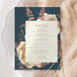 Elegante Flora Ivory Rose Aquamarine Hochzeit Menükarte
