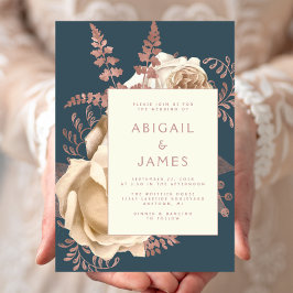 Elegante Flora Ivory Rose Gold Aquamarin Blue Wedd Einladung