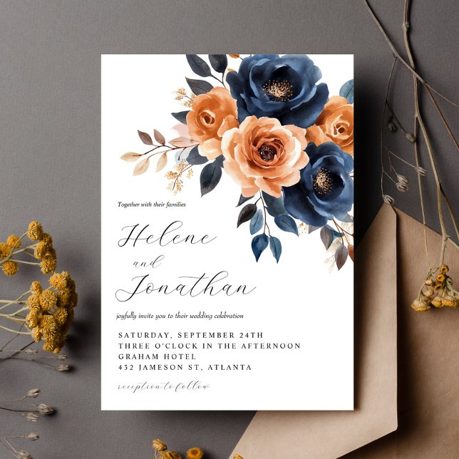 Elegante Flora Navy Blauer Teatro Sociale Bellinzo Einladung (Elegant Floral Navy Blue Terracotta Garden Wedding Invitation)