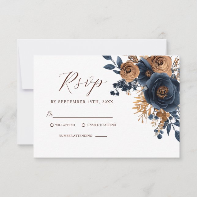 Elegante Flora Navy Blauer Teatro Sociale Bellinzo RSVP Karte (Vorderseite)