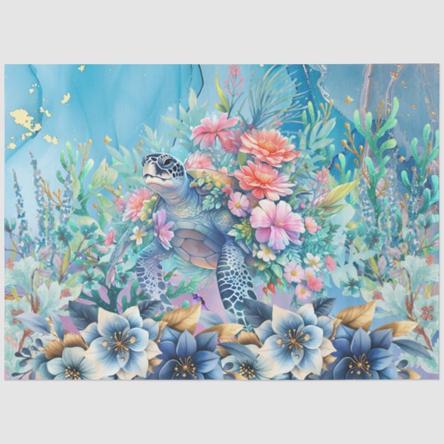 Elegante Flora Sea Turtle Decoupage Seidenpapier (Vorderseite)