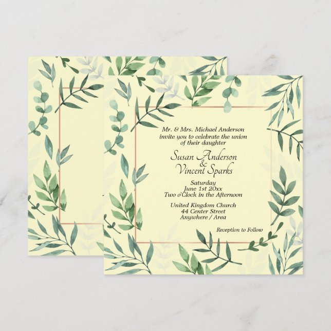 Elegante Flora und Fauna Rahmen Gelbe Hochzeit Einladung (Vorne/Hinten)