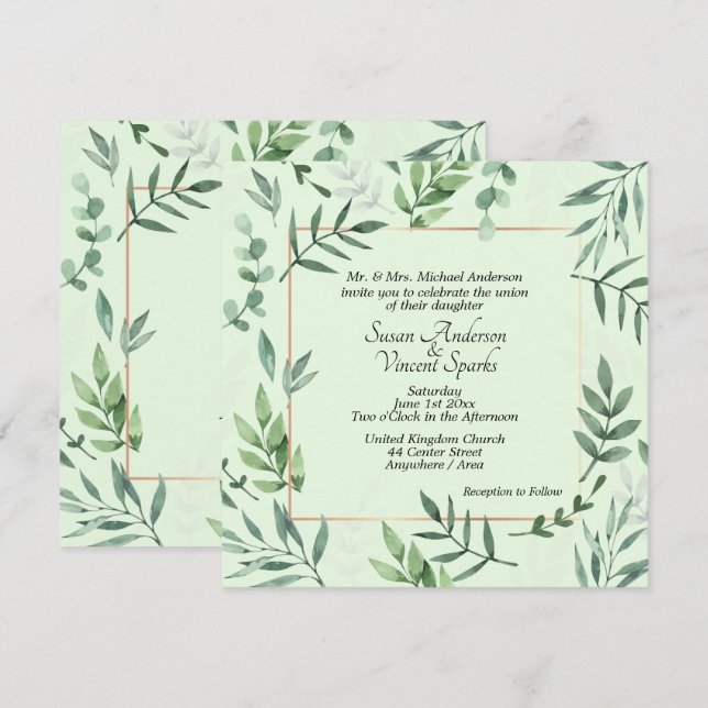 Elegante Flora und Fauna rahmen grüne Hochzeit Einladung (Vorne/Hinten)