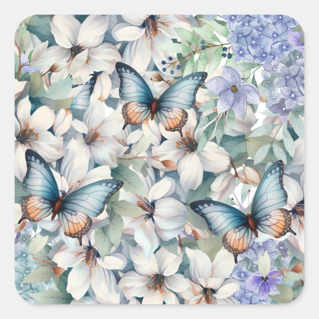 Elegante Flora und Schmetterlinge Quadratischer Aufkleber (Vorderseite)