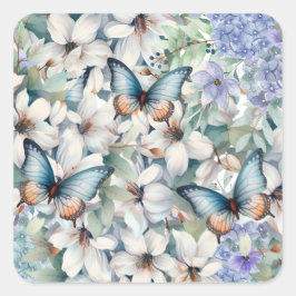 Elegante Flora und Schmetterlinge Quadratischer Aufkleber