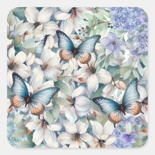 Elegante Flora und Schmetterlinge Quadratischer Aufkleber