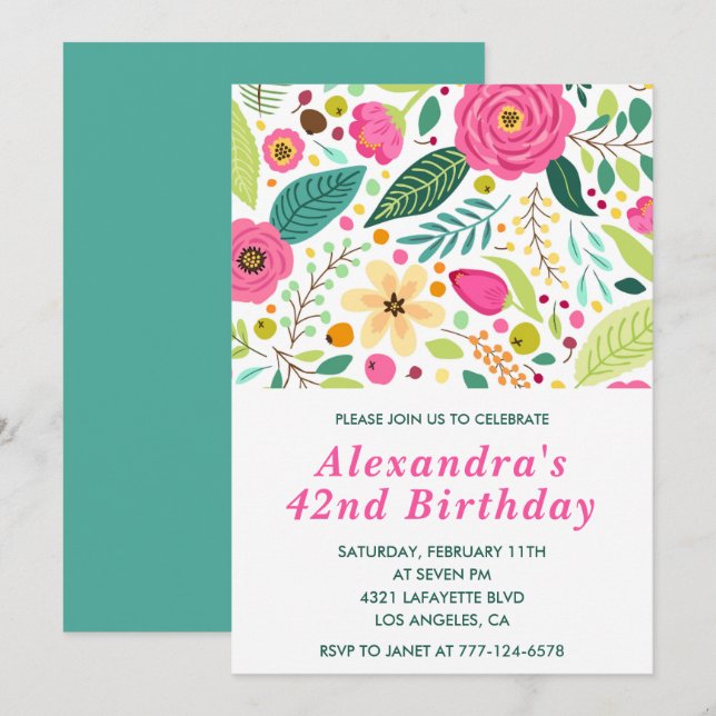 Elégante Floral 42e anniversaire invitations Color (Devant / Derrière)