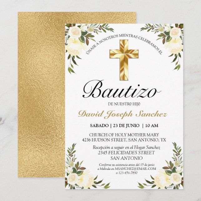 Elegante Floral Bautizo Amarillo Bebé Einladung (Vorne/Hinten)