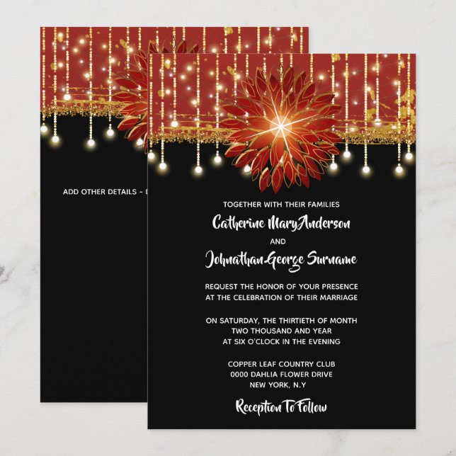 Elegante Floral Black Gold rote Hochzeitsfeier Einladung (Vorne/Hinten)