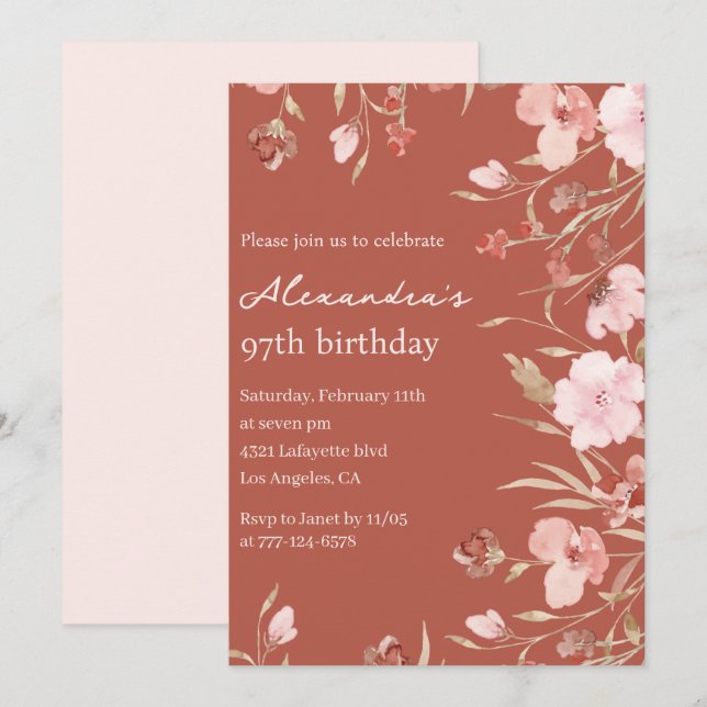 Elégante Floral Boho 97e anniversaire invitations (Devant / Derrière)